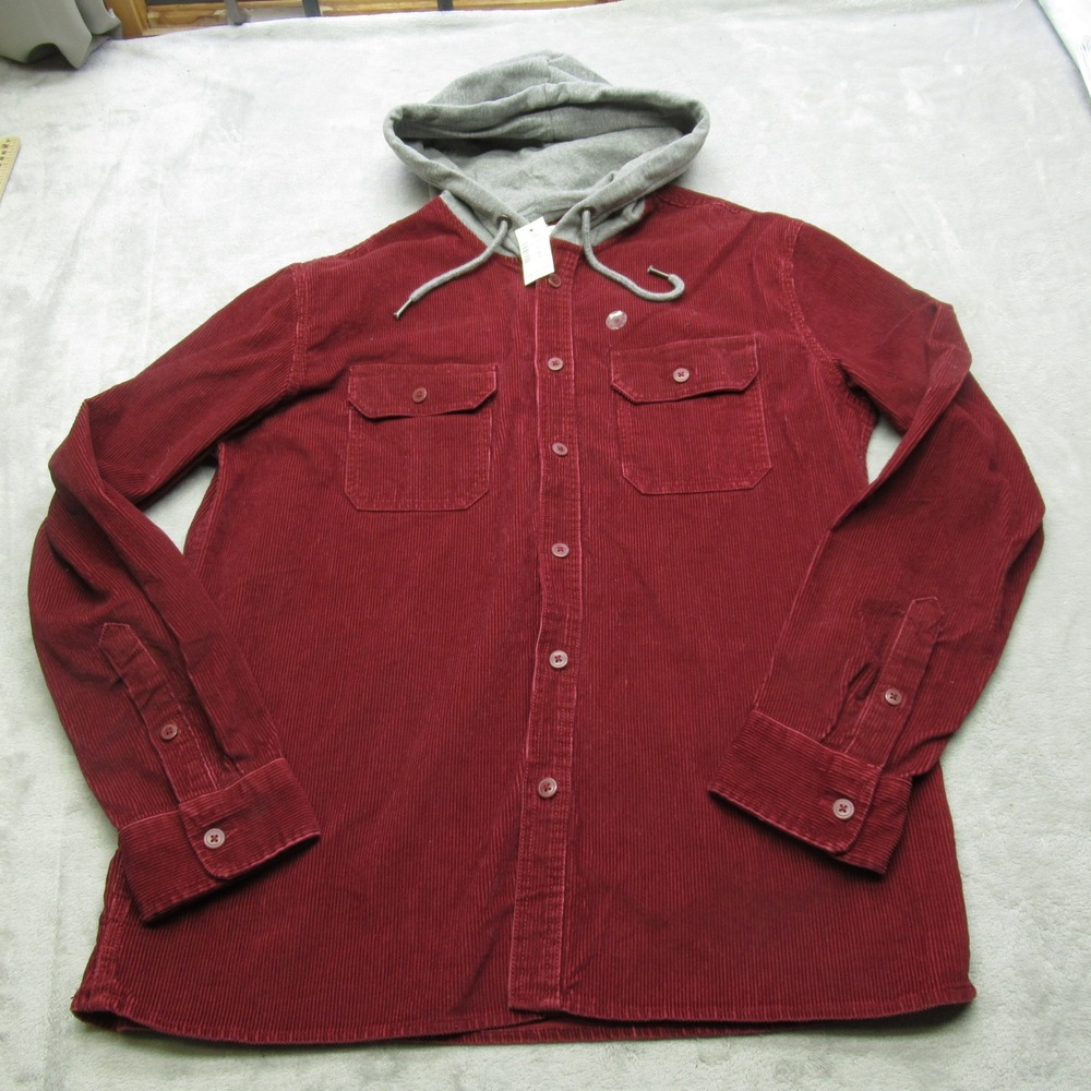 Aeropostale Corduroy Shirt Mens Medium Red Hooded Button Down Pockets NEW‎